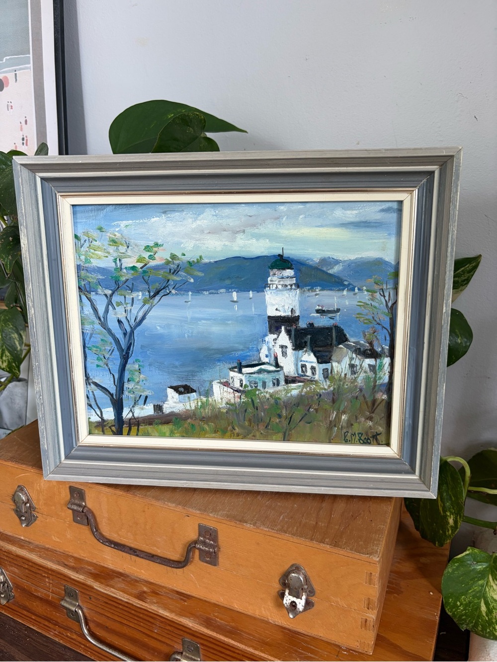 Original Oil Painting by C. M. Scott in Blue Wooden Frame